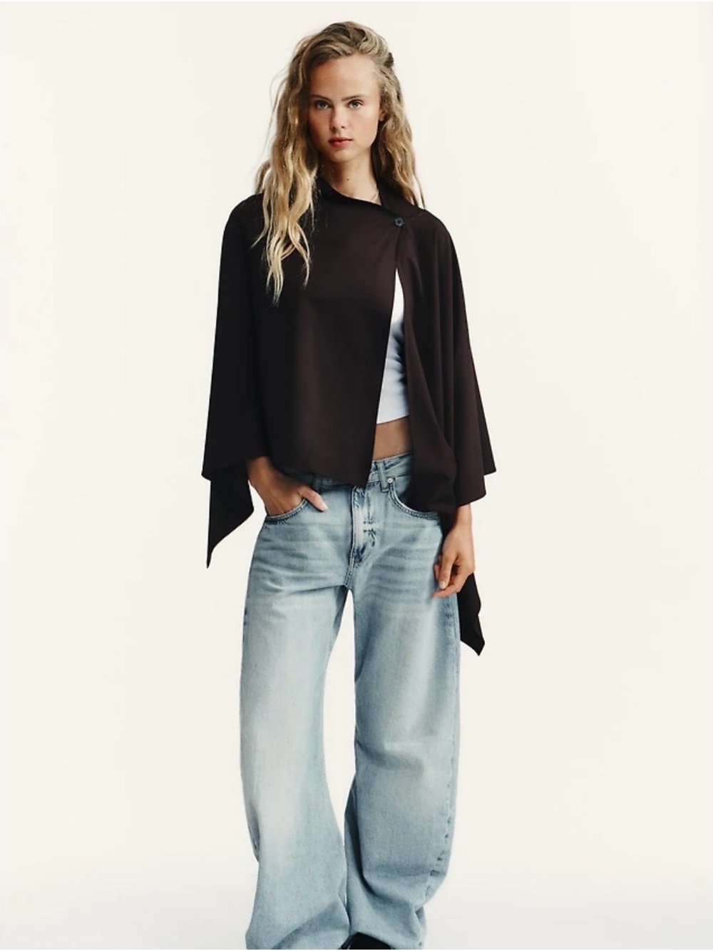 Zara Dark Brown Cape-Style Buttoned Poncho